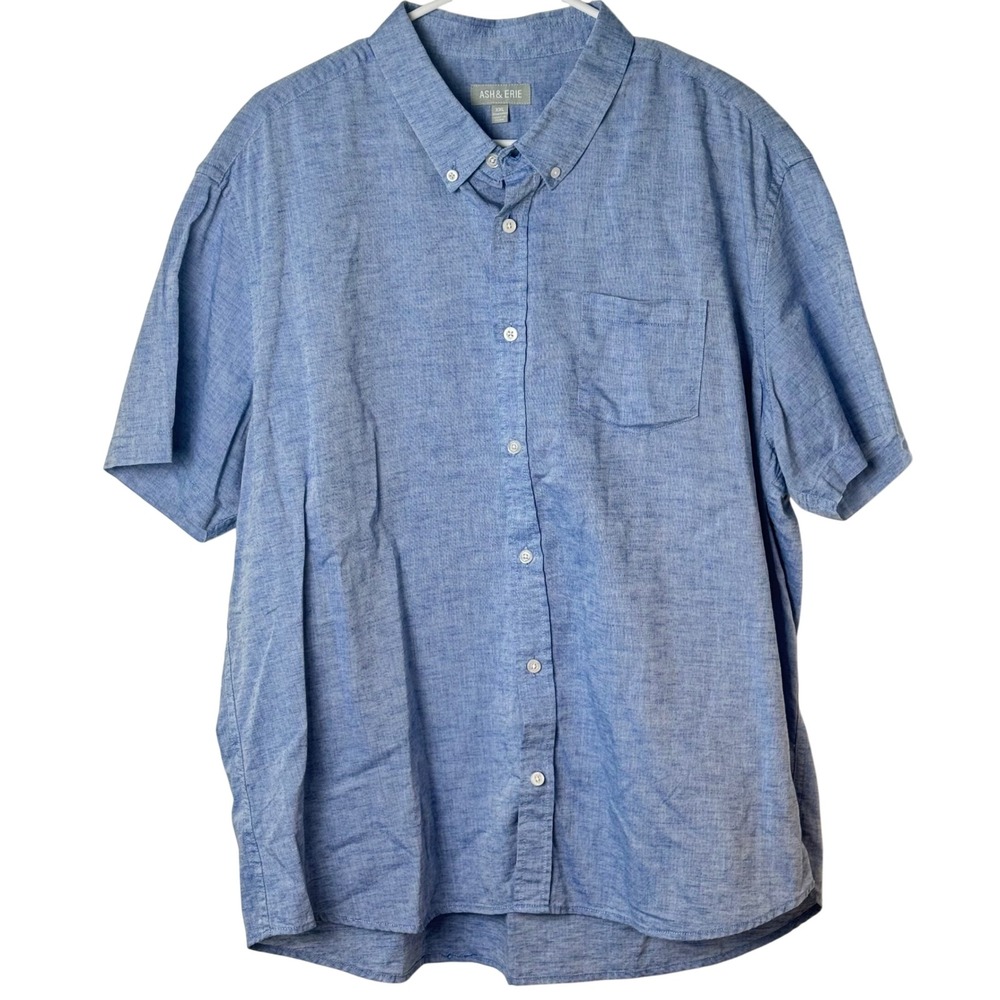 Ash & Erie Button Down Shirt Men XXL Blue Cotton Linen Short Sleeve Standard - Picture 2 of 6